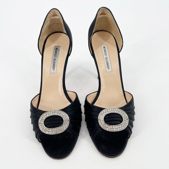 Manolo Blahnik Black Satin Sedaraby Crystal Detail D'Orsay Peep Toe Heels IT 40 - Picture 5 of 13